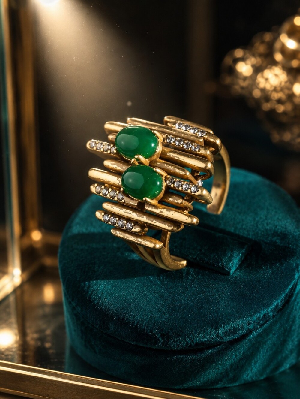 Vintage Gold-Tone Ring with Green Stones and Clear Accents